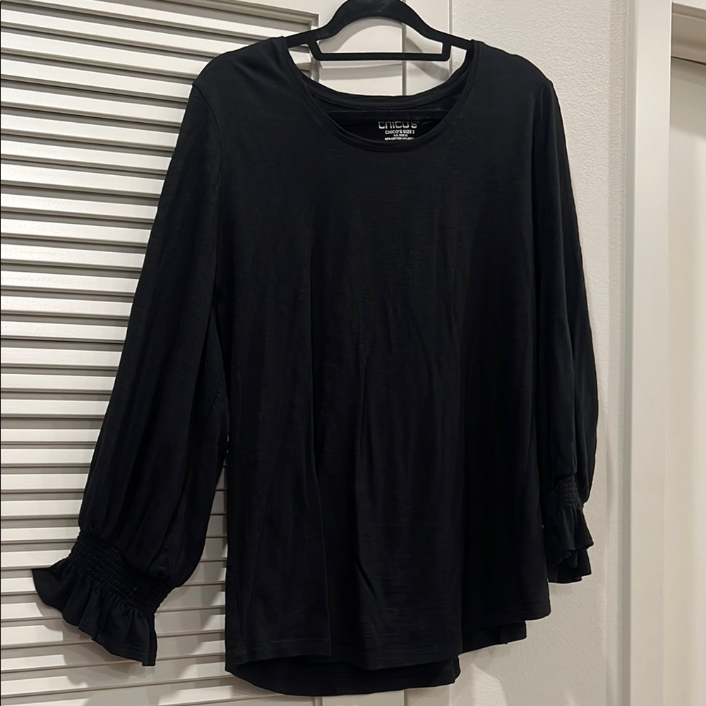 Chico's Black Blouse with Ruched Long Sleeves